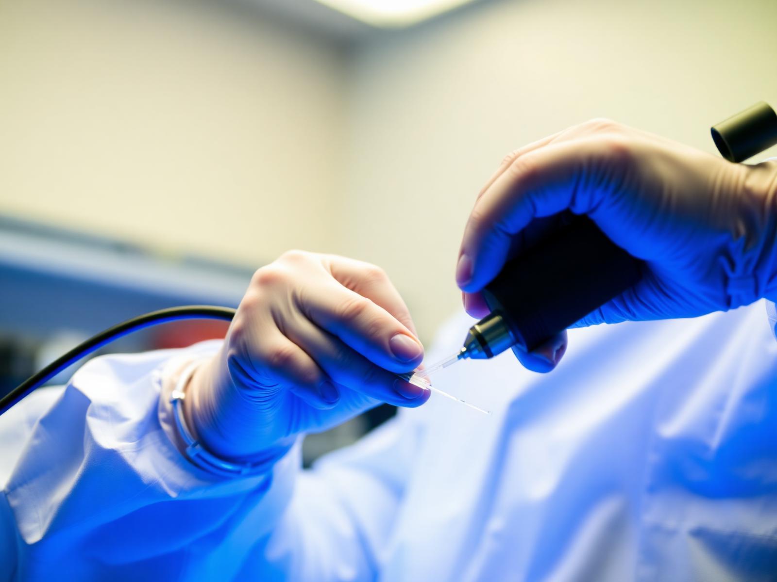 FOLAN technician testing a fiber patch cord in the quality lab